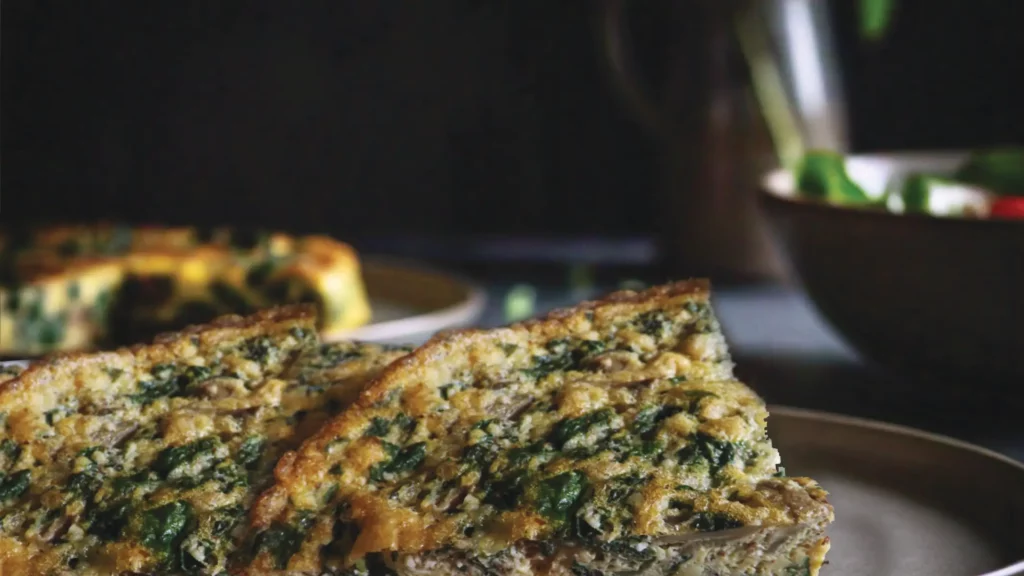 Delicious Spinach and Mushroom Frittata, fluffy with fresh greens and porcini mushrooms