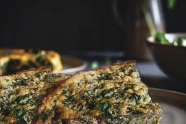 Delicious Spinach and Mushroom Frittata, fluffy with fresh greens and porcini mushrooms