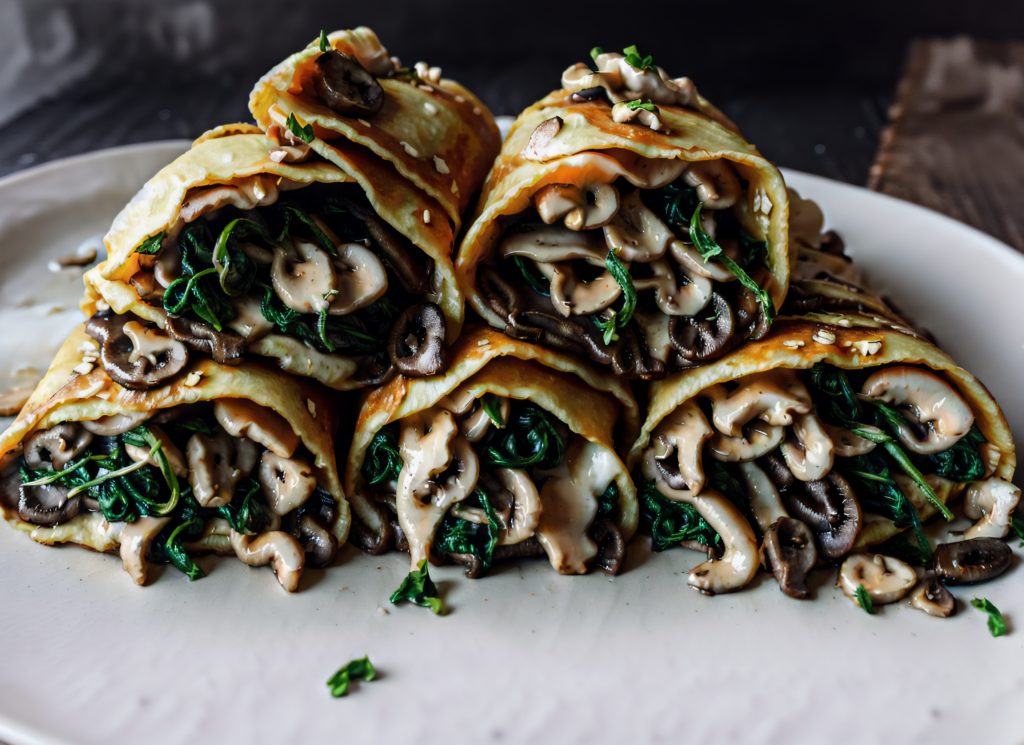 crepe filled with mushrooms spinach and cheese