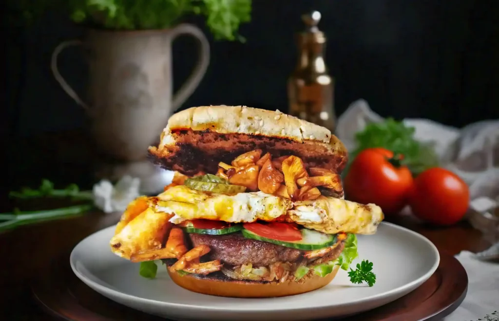 Delicious Chanterelle Mushroom Burger served with egg and vegetables