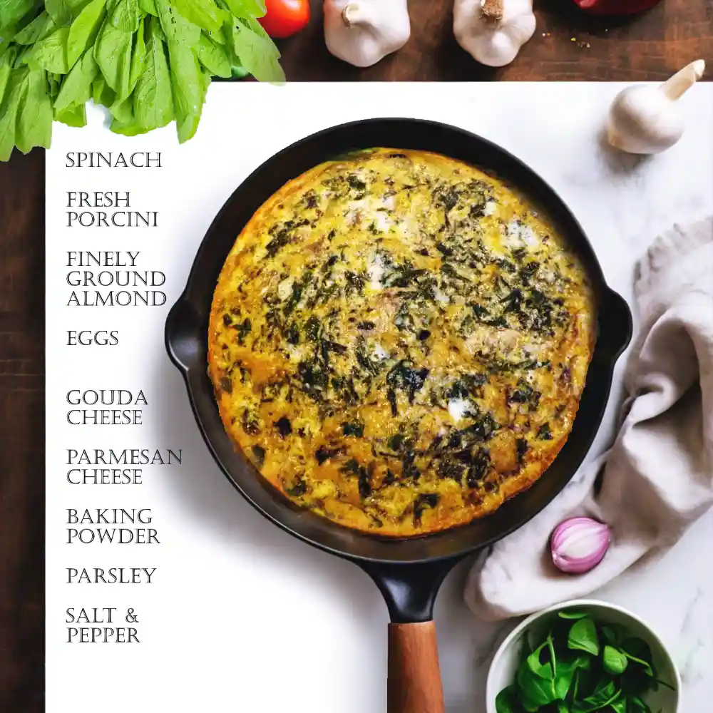 Delicious Spinach and Mushroom Frittata, fluffy with fresh greens and porcini mushrooms