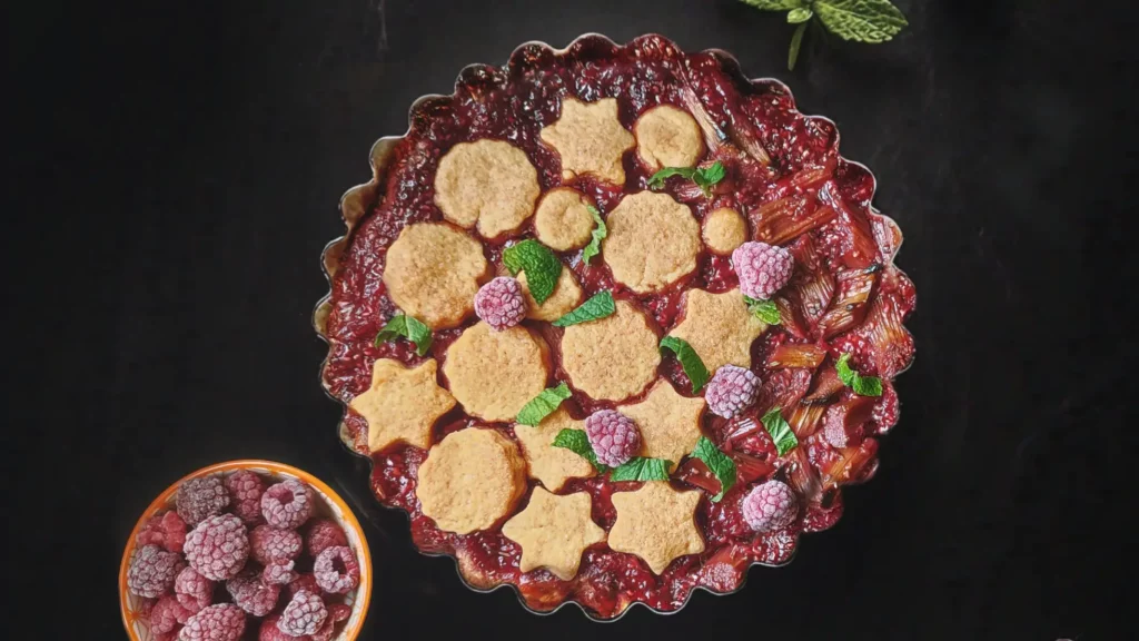 Rhubarb Tart with Raspberry and Rosmaryn on a Black table top down view