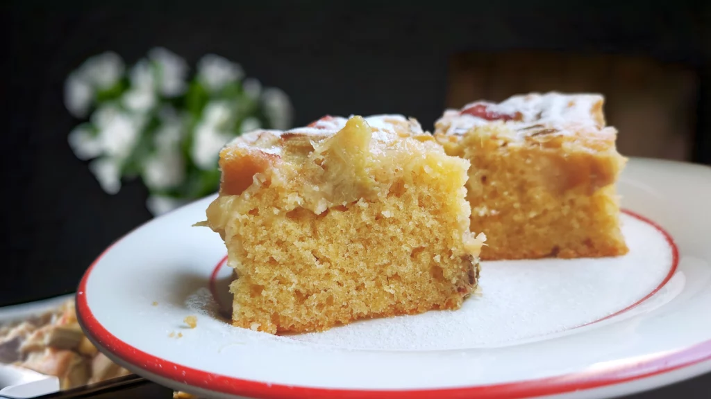 Easy rhubarb cake fresh out of the oven, golden brown