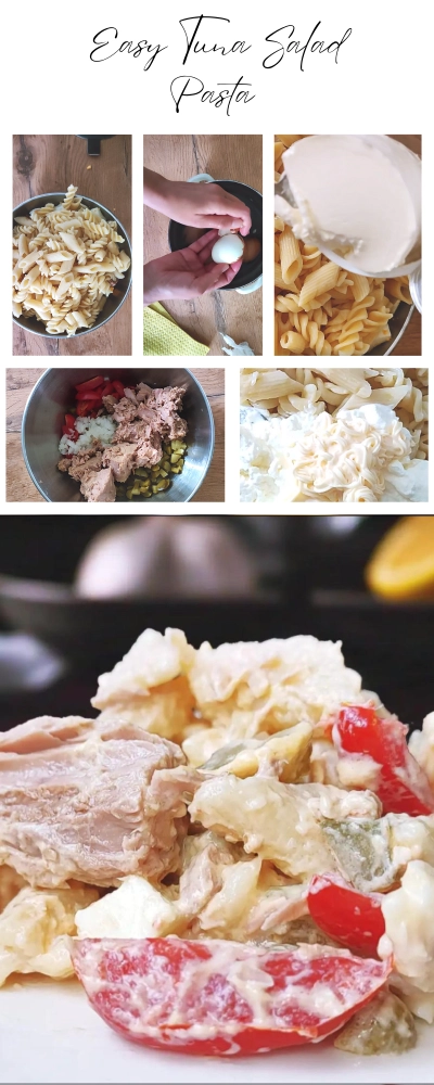 Step-by-step picture guide for easy tuna salad pasta recipe with cherry tomatoes, red onion, pickles, sour cream, mayo, eggs, and pasta.