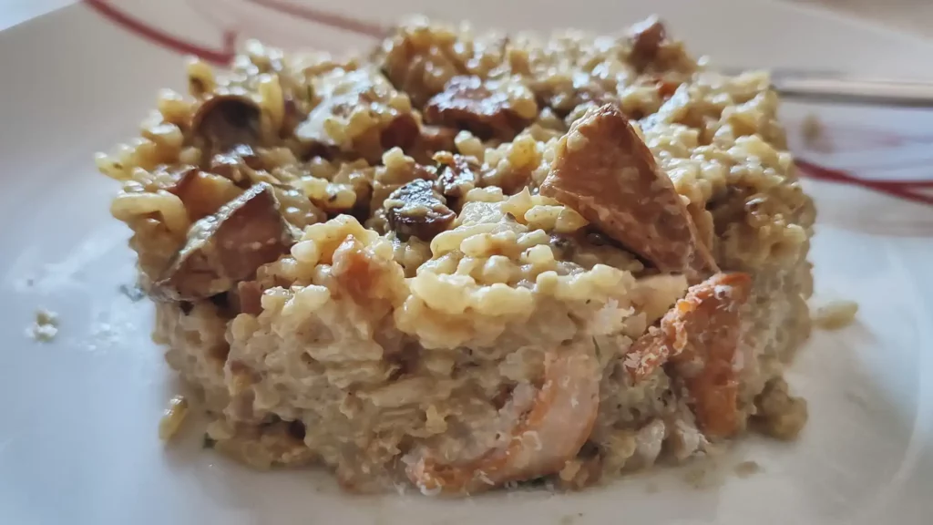 Creamy Chanterelle Mushroom Risotto served on a white plate