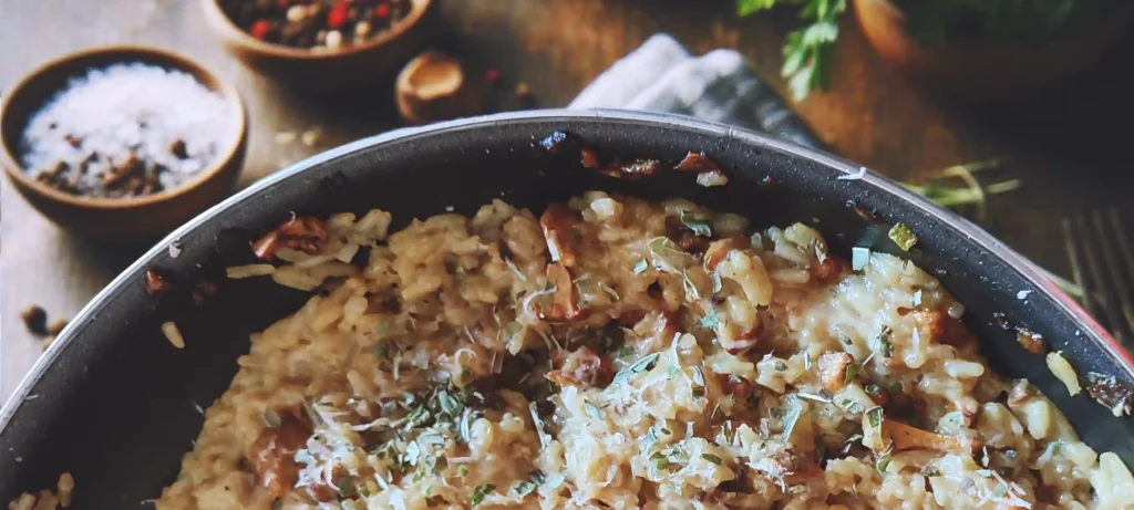 A bowl of creamy chanterelle mushroom risotto garnished with fresh herbs