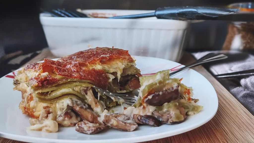 Wild Mushroom Lasagna served on a white plate