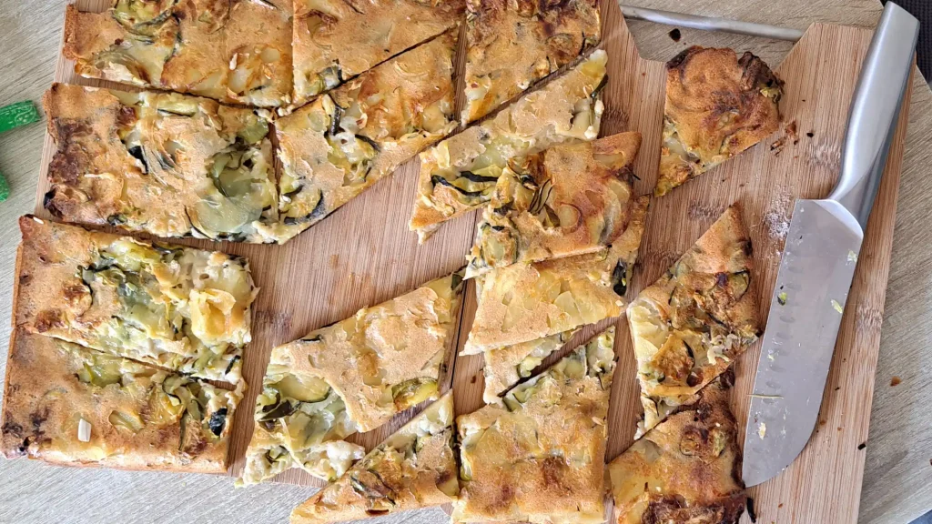 potato zucchini scarpaccia with trumpet mushrooms