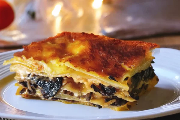 Trumpet Mushroom Recipe for lasagna served on a plate