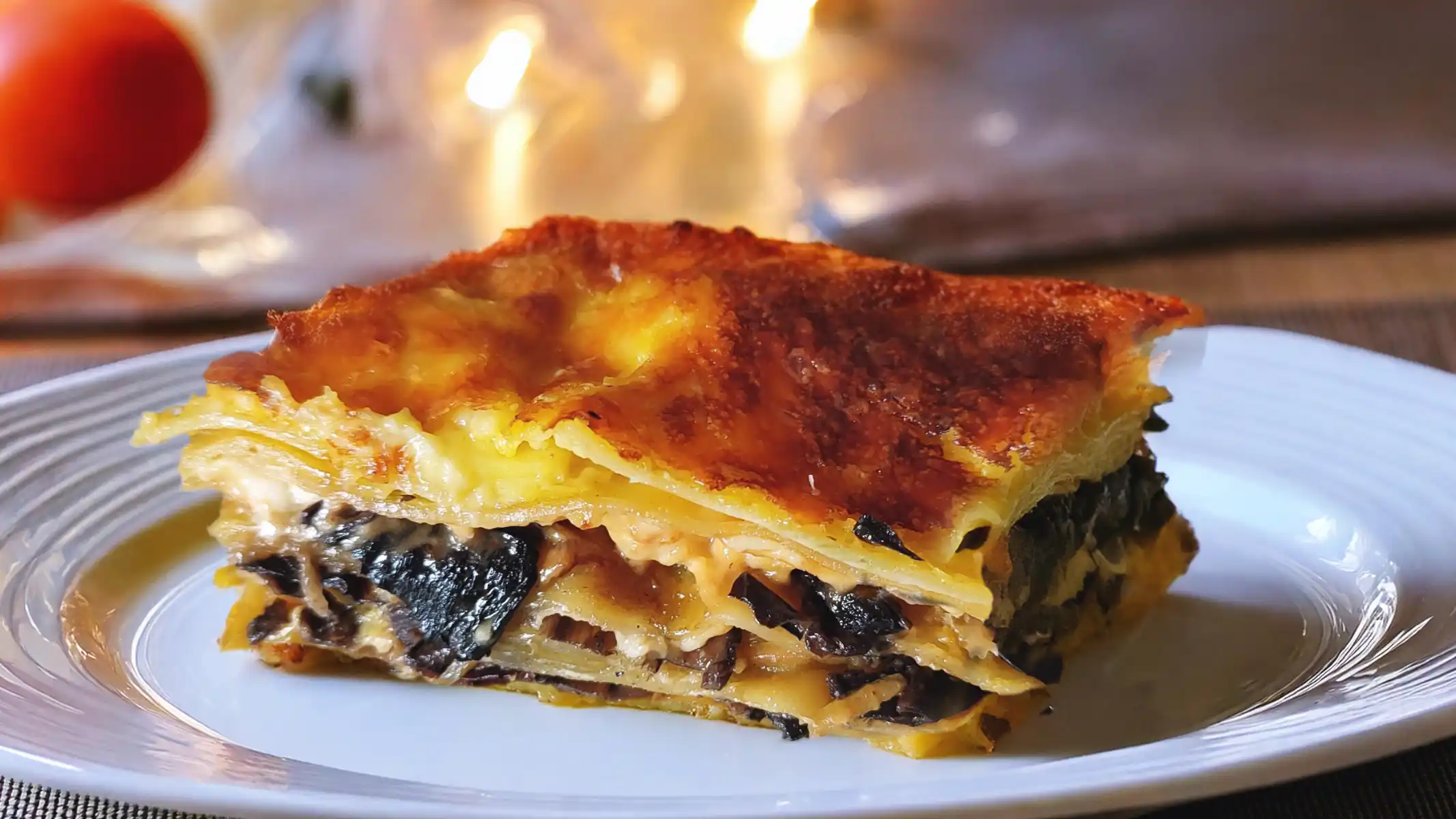 Trumpet Mushroom Recipe for lasagna served on a plate