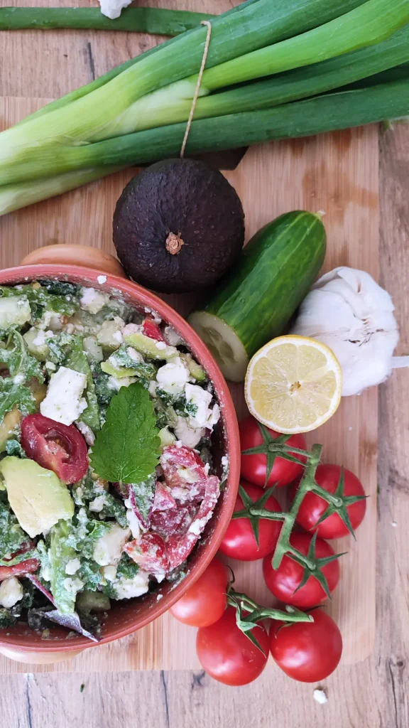 Top down View of the avocado Feta Salad Served on a table